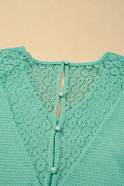 Teal waffle knit shirt with lace yoke and button detail