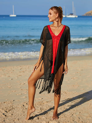 Crochet cover-up with contrast red V-neck and fringe hem, black mesh.