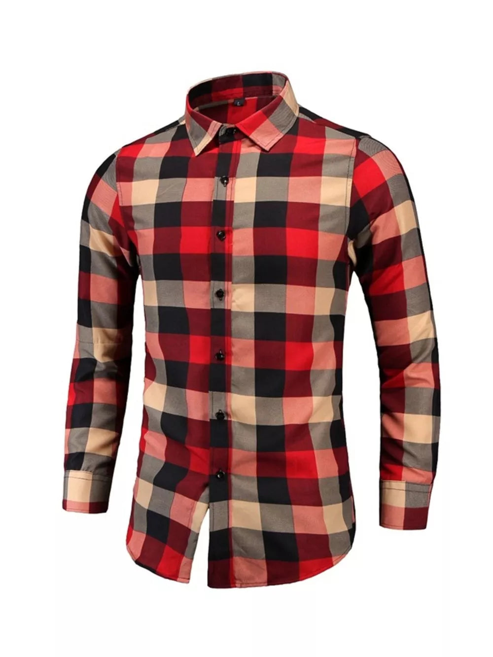 Men's long sleeve cotton button-up shirt in red, black, and tan plaid.