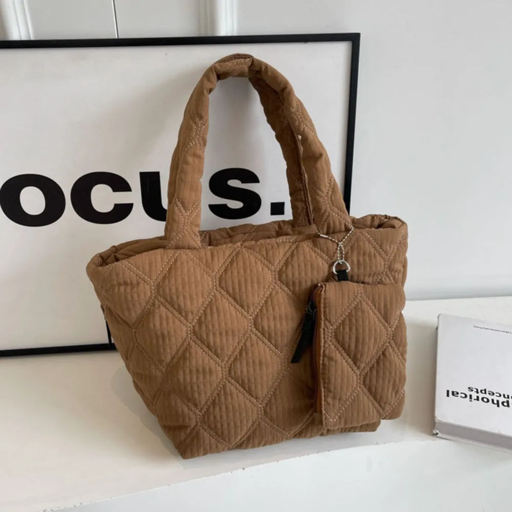 Quilted shopper tote bag in Coffee Brown with diamond pattern and attached coin purse.