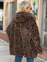 Leopard print sherpa hooded duster coat in chestnut, showing the back view.