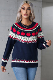 Dark blue acrylic sweater with festive apple motif Fair Isle pattern, crewneck, long sleeves.