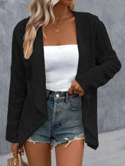 Black open-weave draped front cardigan with long sleeves and a relaxed fit.