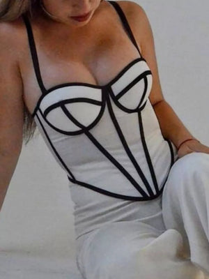 Corset Cami With Contrasting Trim in Black And White Strips, view 11