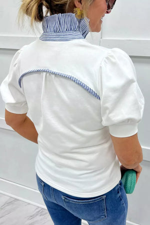 White cotton polo with puff sleeves, striped collar and trim detail.
