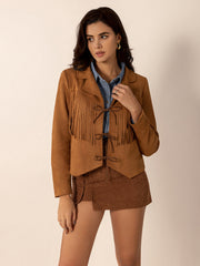 Caramel suede jacket with fringe and tie details, collared, long sleeves.
