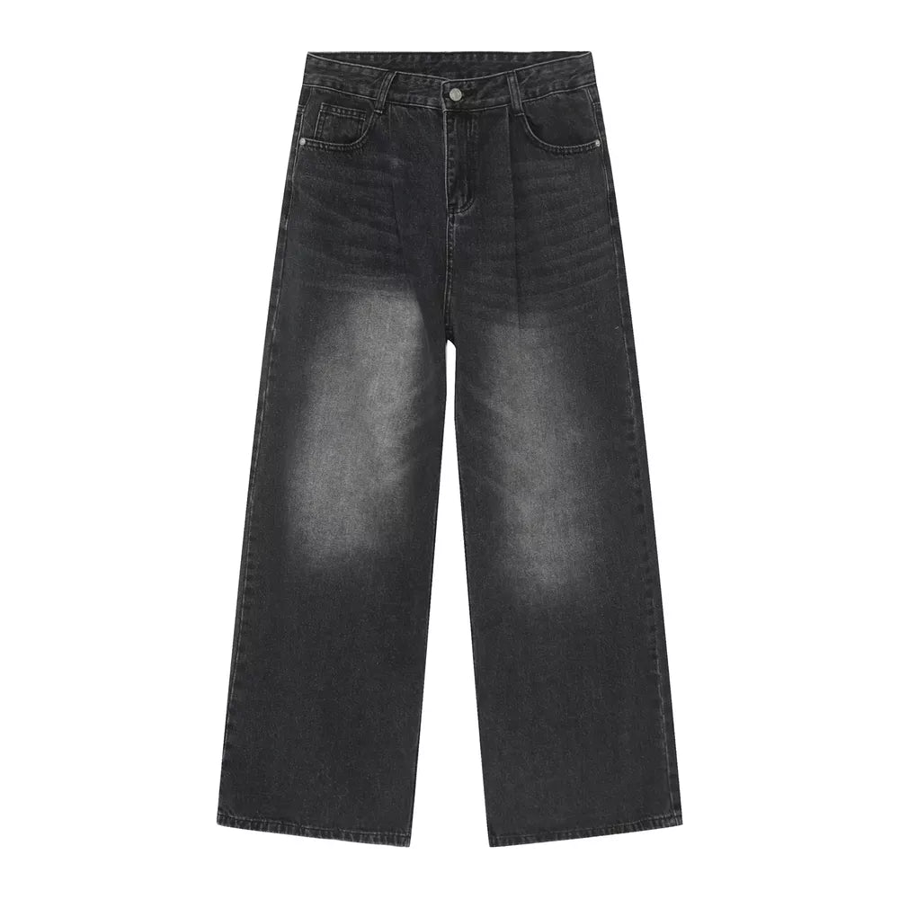 Timeless wide leg denim jeans in dark gray with a faded wash and relaxed fit.