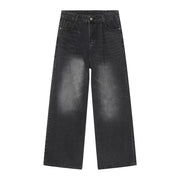 Timeless wide leg denim jeans in dark gray with a faded wash and relaxed fit.