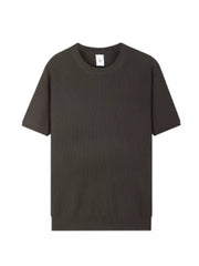 Men's dark brown ribbed knit t-shirt with relaxed fit and crew neck.