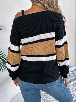 Asymmetric stripe knit sweater with one strap detail in black, camel, and white.