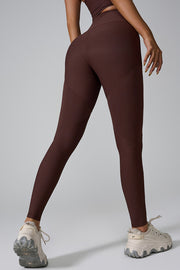 Brown ribbed contour leggings with seam detail, full length