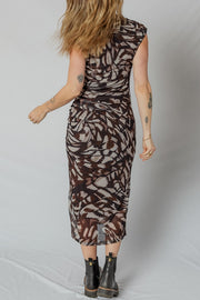 Brown abstract print ruched midi dress with cap sleeves.