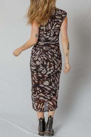 Brown abstract print ruched midi dress with cap sleeves.