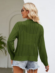 Army green open knit cardigan with ribbed trim and button front detail.