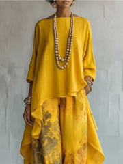 Asymmetrical Hem Top And Floral Pants Set, close-up detail