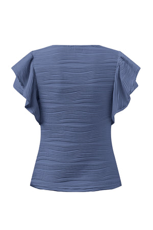 Textured ruffle sleeve bodysuit in dusty blue with a wavy pattern.