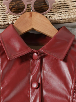 Wine red faux leather toddler collared shirt with button details