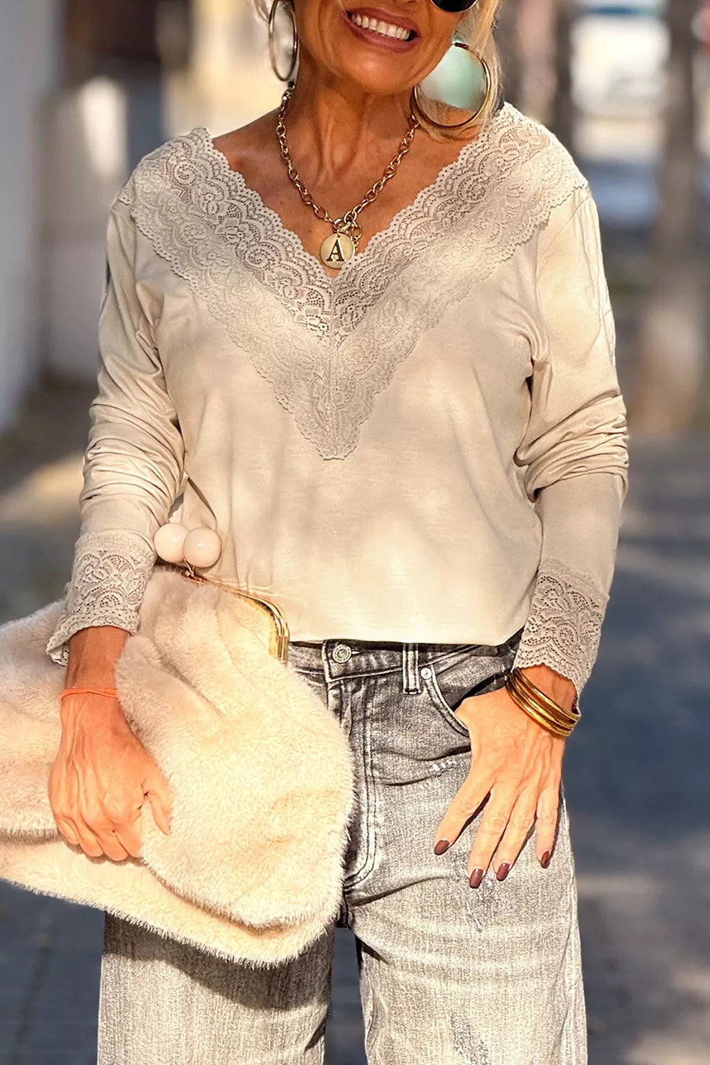 Lace Trim V Neck Long Sleeve Patchwork Shirt, front view