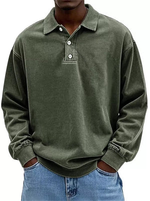 Men's vintage washed long sleeve polo shirt in military green, featuring buttoned placket and comfortable cotton fabric.
