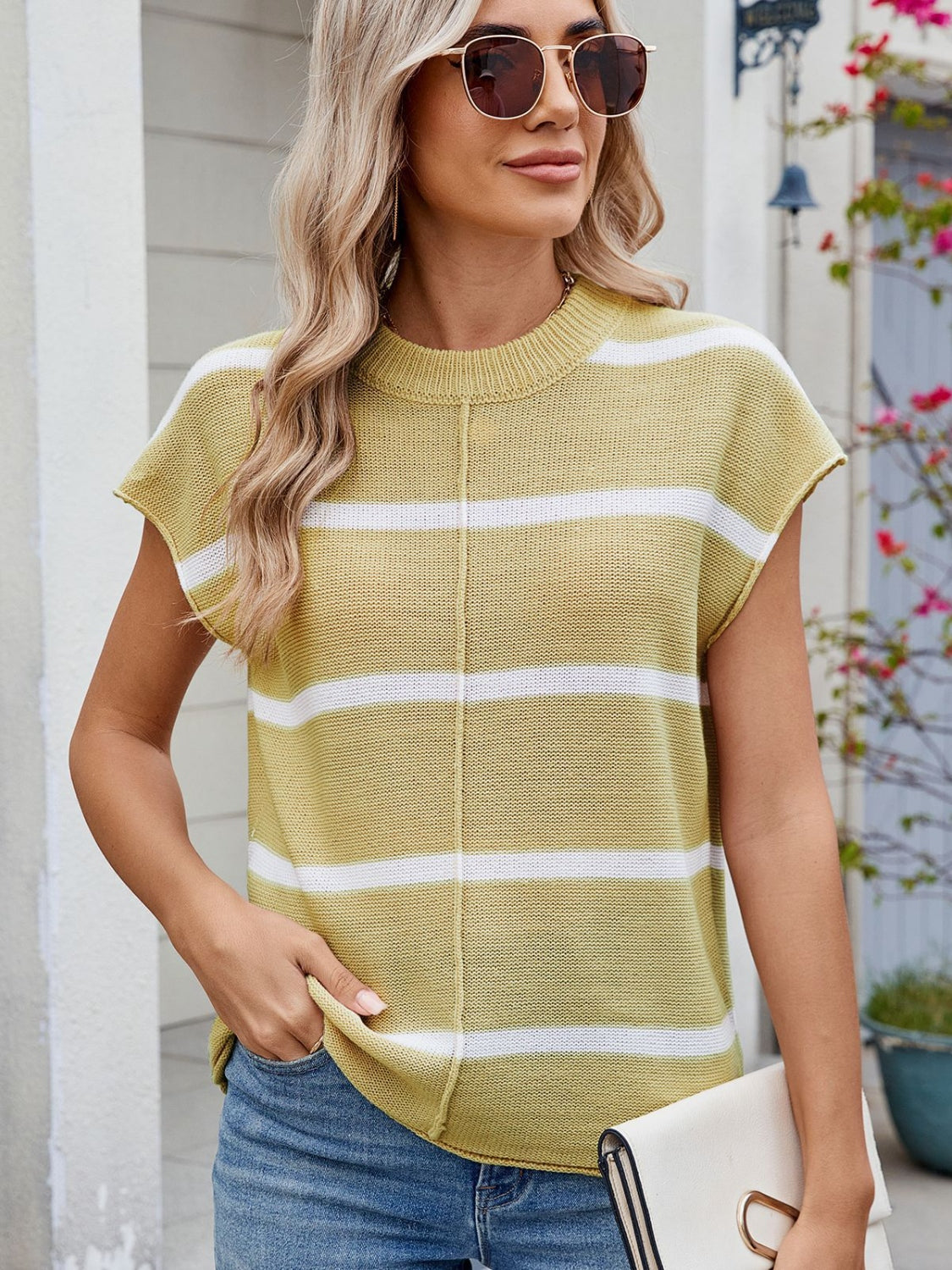 Striped knit tee in chartreuse with white stripes and a vertical seam detail.