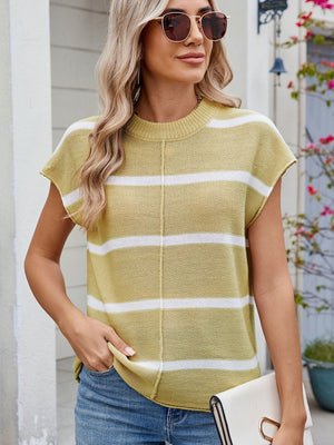 Striped knit tee in chartreuse with white stripes and a vertical seam detail.