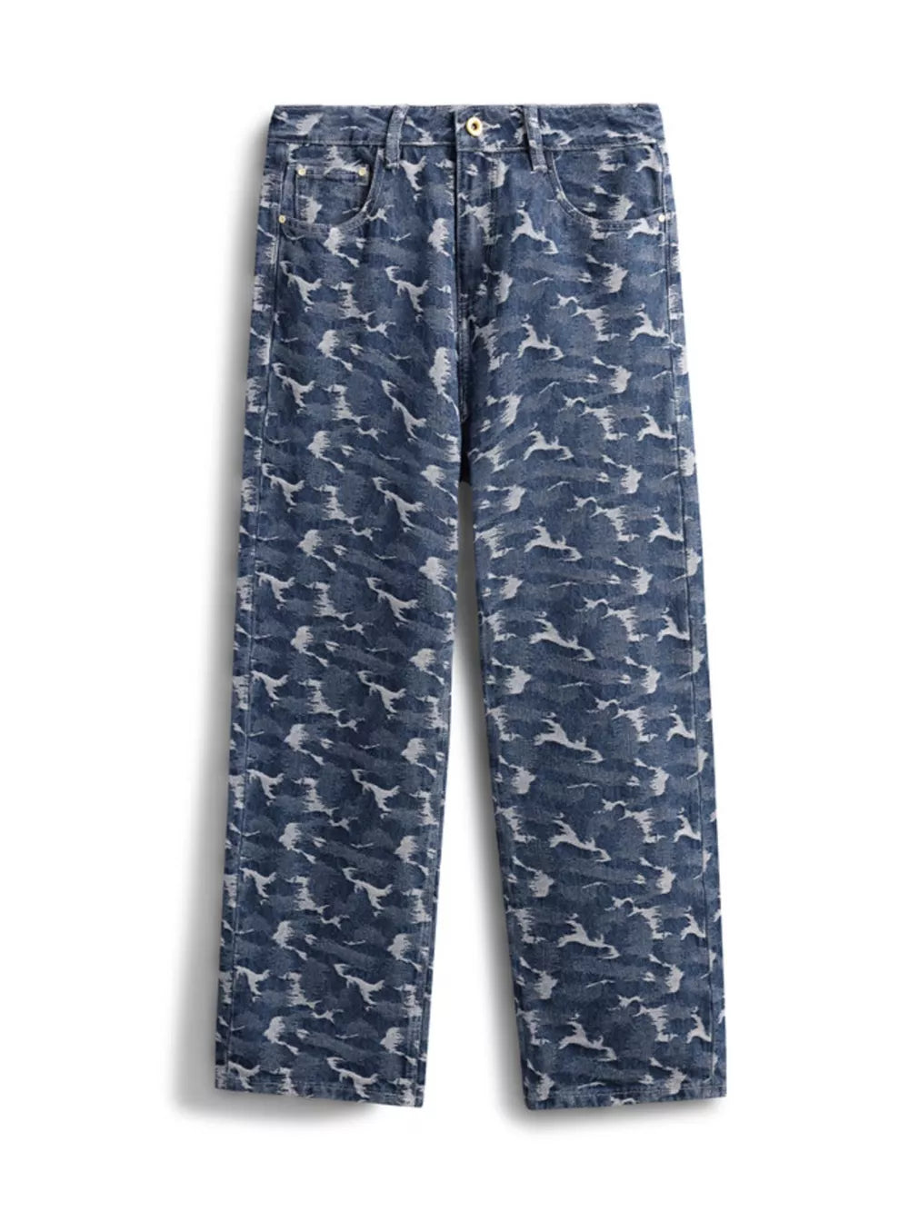 Relaxed fit blue cotton jeans with an abstract camouflage pattern.