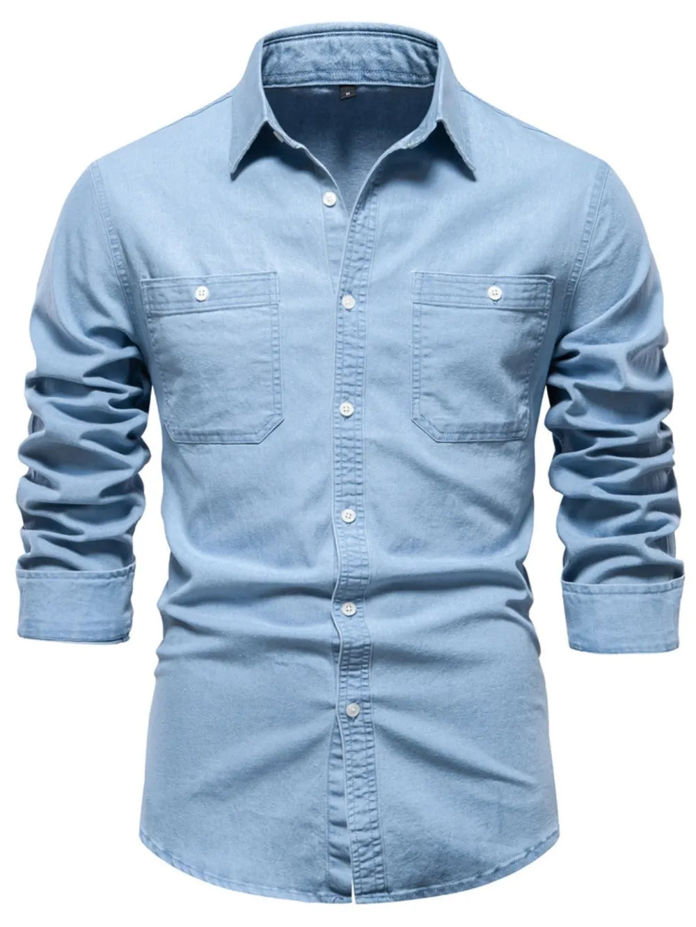 Light blue faded denim utility shirt with two chest pockets and button-down closure.