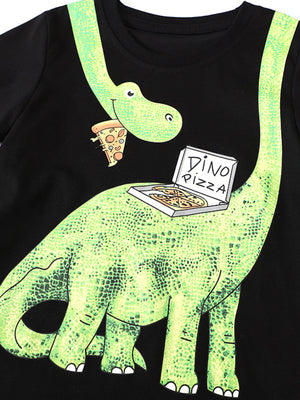 Black cotton tee with a green dinosaur graphic eating pizza.