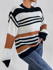 Colorblock stripe knit crewneck sweater in caramel, black, and white acrylic with a relaxed fit.