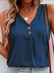 Dark blue textured V-neck sleeveless top with button front detail