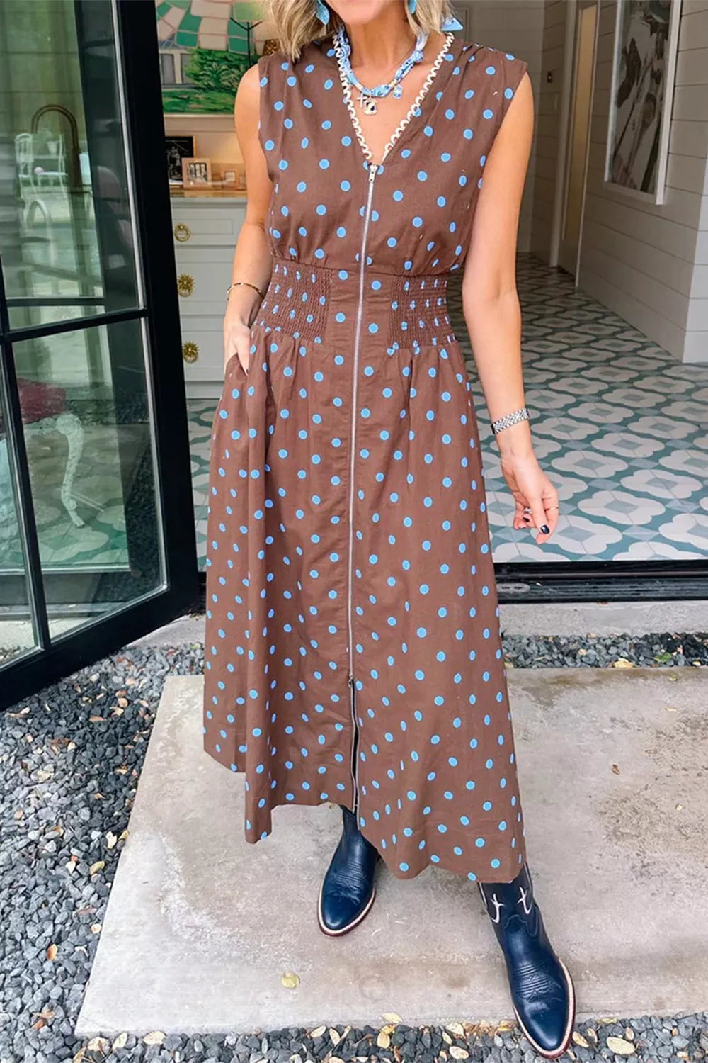Brown polka dot midi dress with zipper and smocked waist