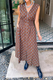 Brown polka dot midi dress with zipper and smocked waist