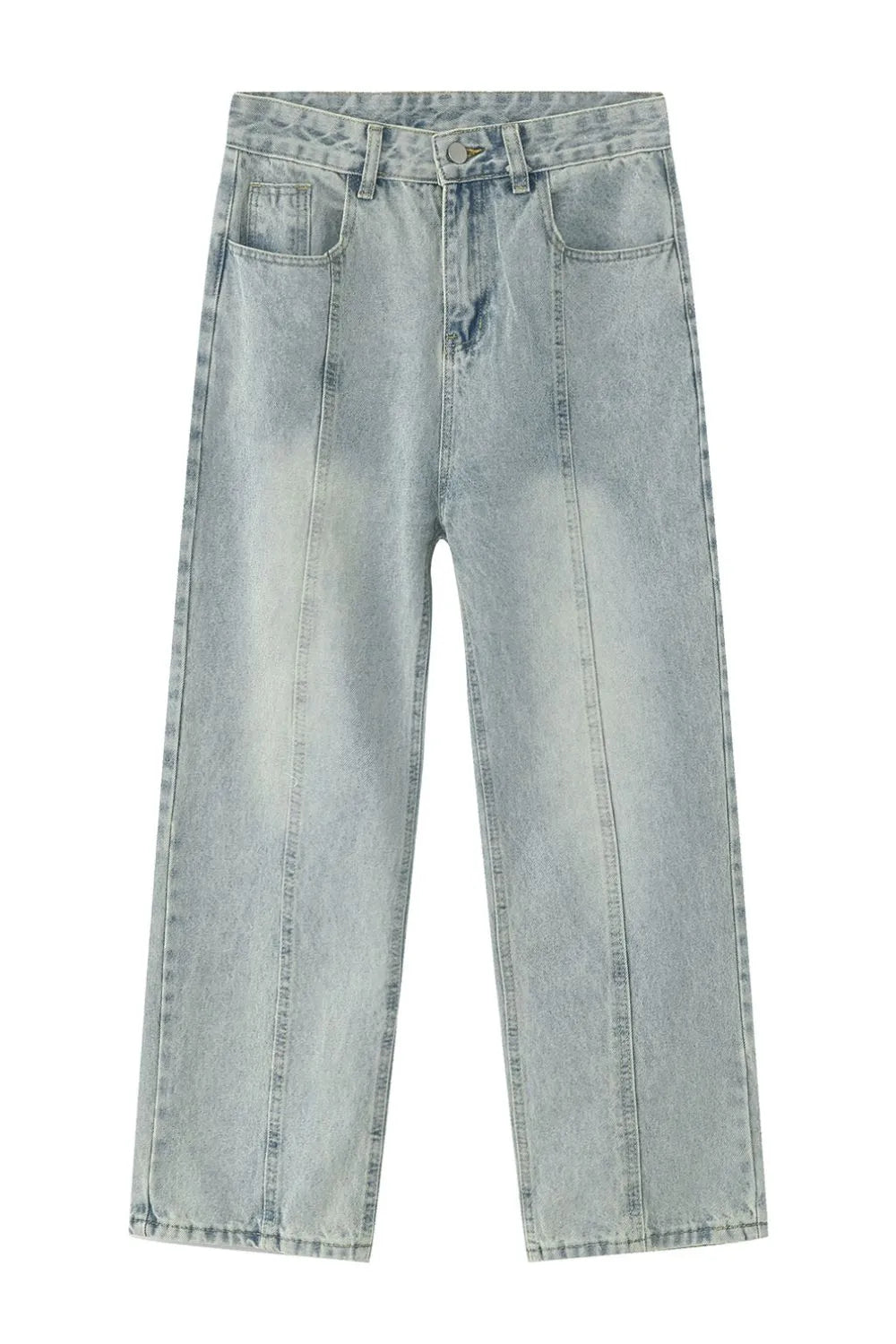 Light wash denim jeans with vertical seam detail and straight leg cut.