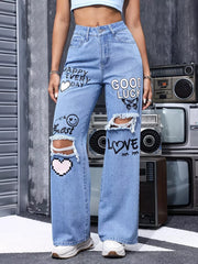 Distressed Graphic Wide-leg Jeans