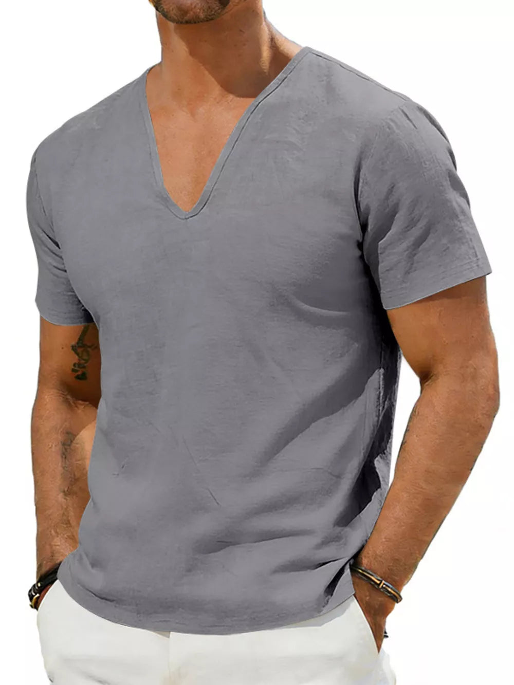 Men's gray v-neck linen tee with short sleeves, relaxed fit.