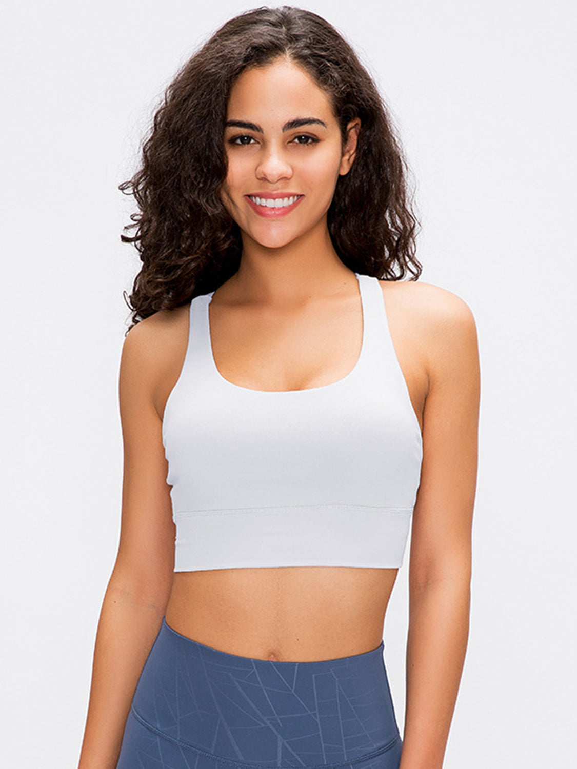 White performance bra with scoop neck and racerback detail