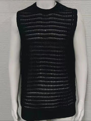 Black openwork knit tank top with a breathable acrylic blend, featuring a casual, basic style.