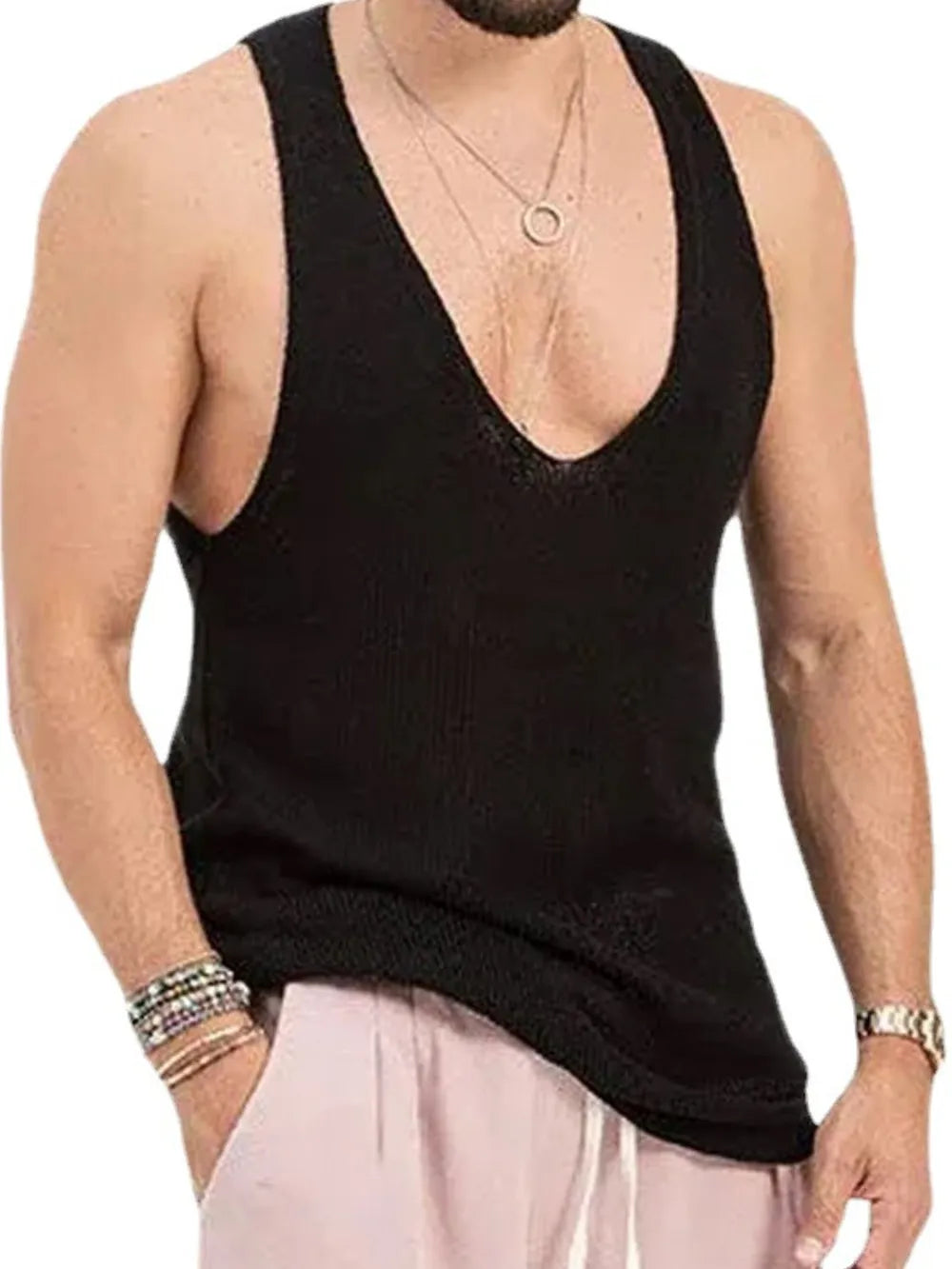 Black knit tank top with deep V-neck and wide straps.