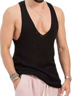 Black knit tank top with deep V-neck and wide straps.