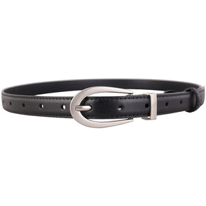 Black cowhide leather skinny belt with silver buckle and adjustable holes.