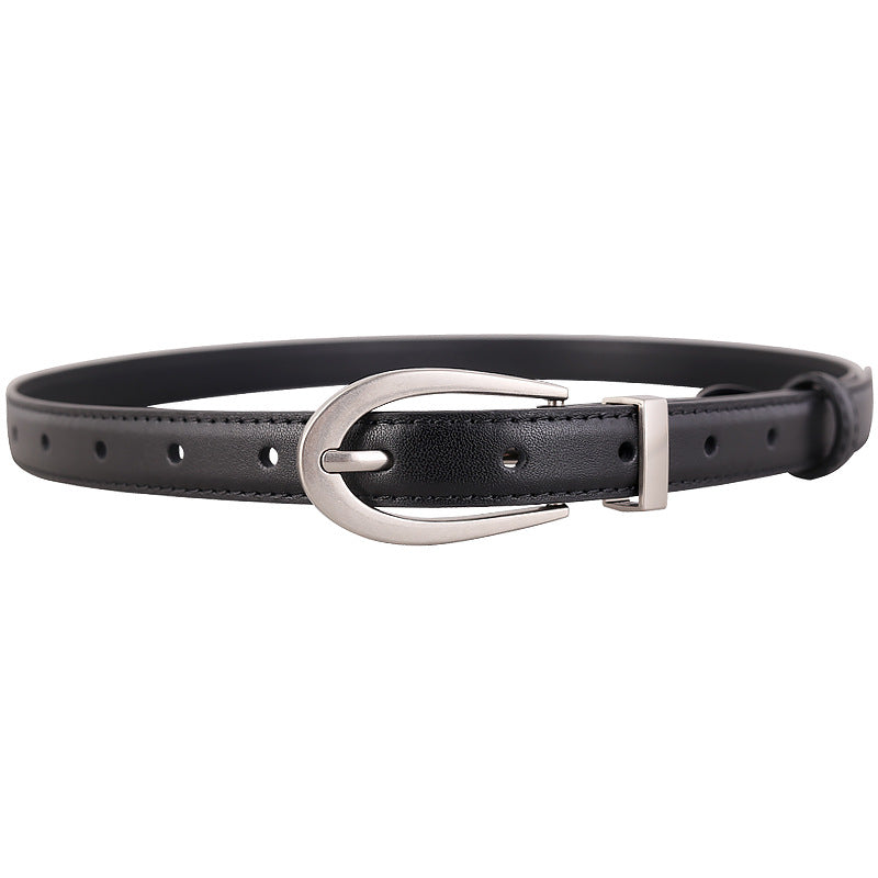 Black cowhide leather skinny belt with silver buckle and adjustable holes.