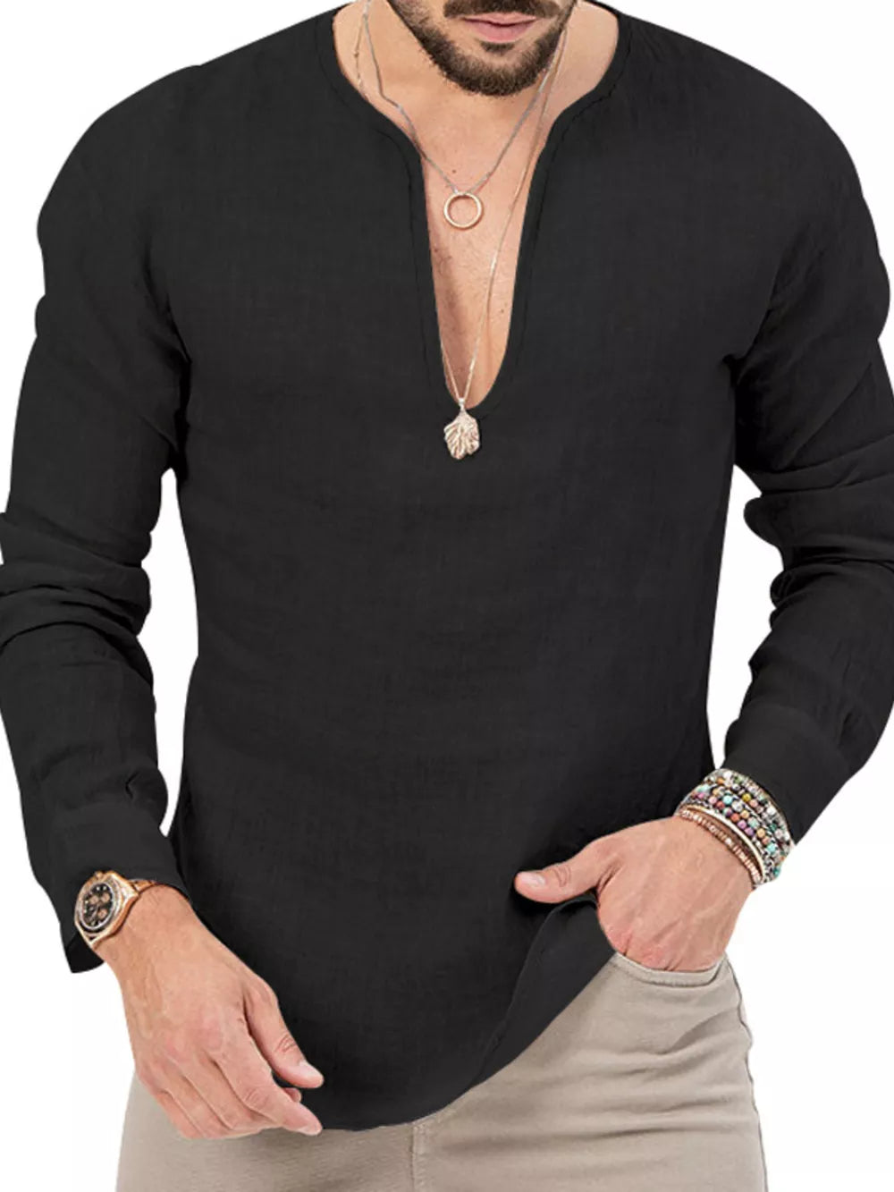 Men's Slim Fit Long Sleeve Blouse Plus Size in White, back view
