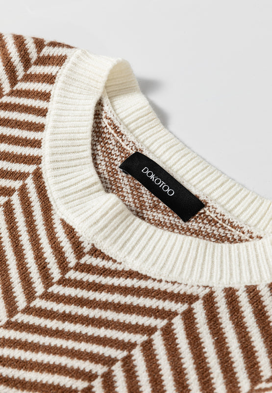 Chevron knit crewneck sweater in camel and white with ribbed trim.