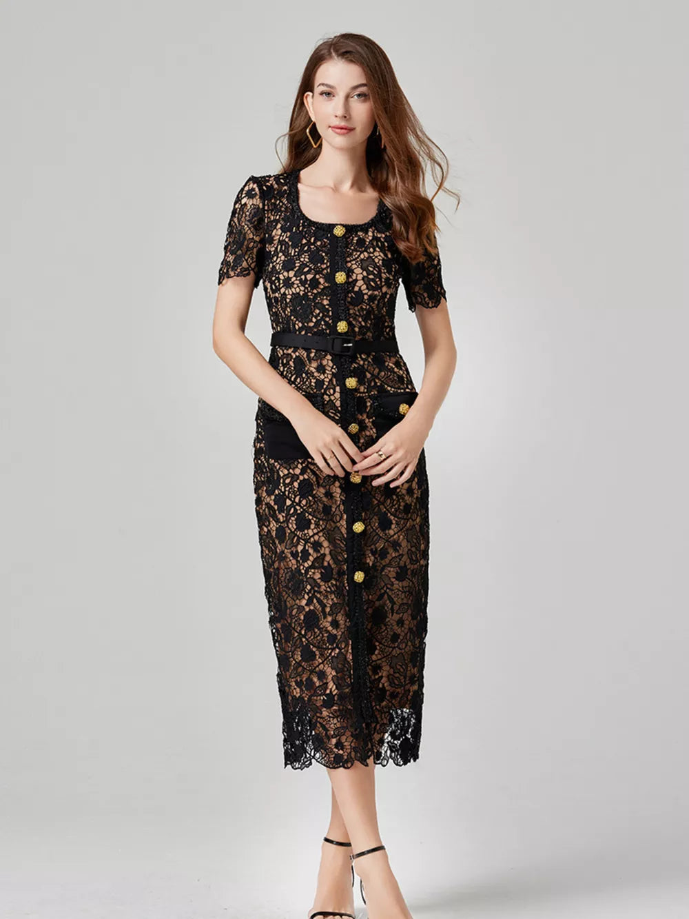 Black lace midi dress with square neck, short sleeves, button front, belt, and pockets.