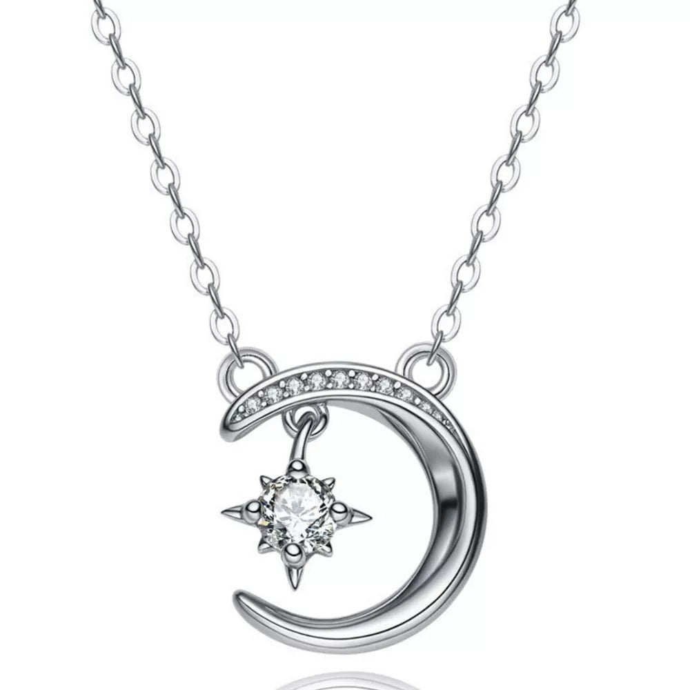 Celestial Moissanite crescent necklace with a dangling star charm, silver tone.