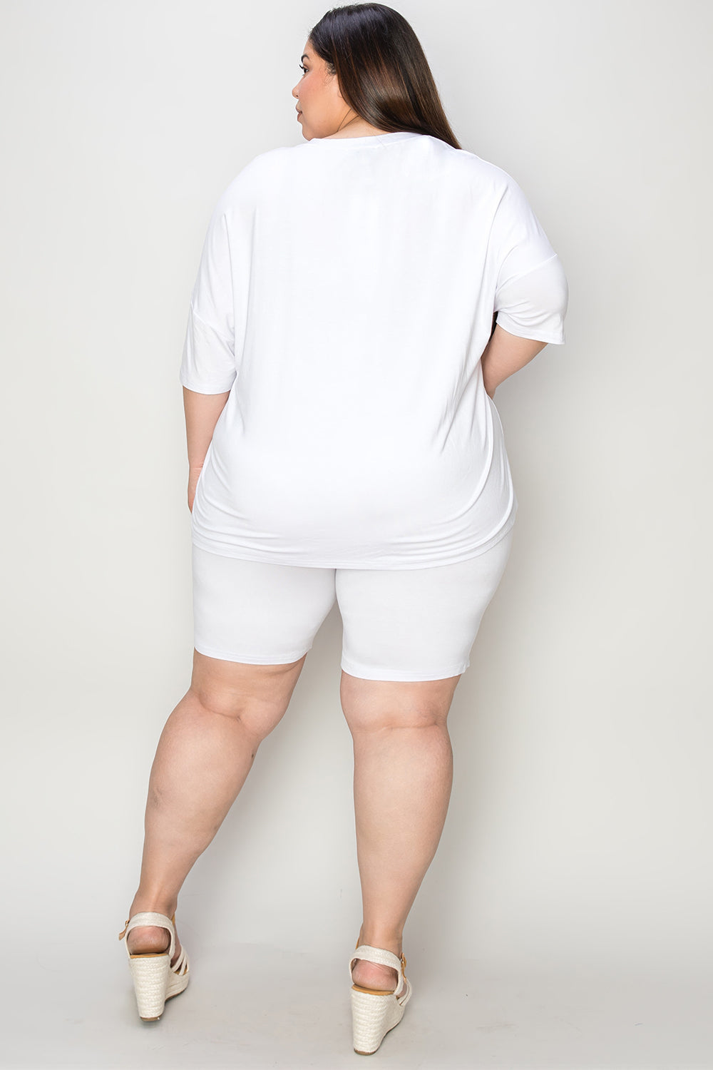 White relaxed tee with elbow-length sleeves and matching bike shorts, soft bamboo blend loungewear set