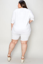 White relaxed tee with elbow-length sleeves and matching bike shorts, soft bamboo blend loungewear set
