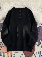 Black ribbed knit long-sleeve sweater with button detail at the neckline