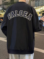 Black bomber jacket with "FALOE A" graphic on back, ribbed cuffs and hem.