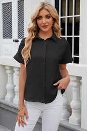 Black textured short sleeve collared button-up shirt